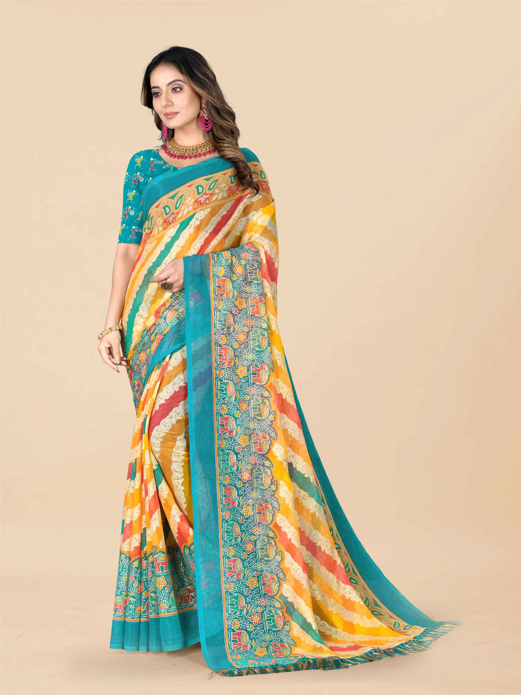 Women's Floral Printed Party Wear Green Chiffon Saree With Blouse