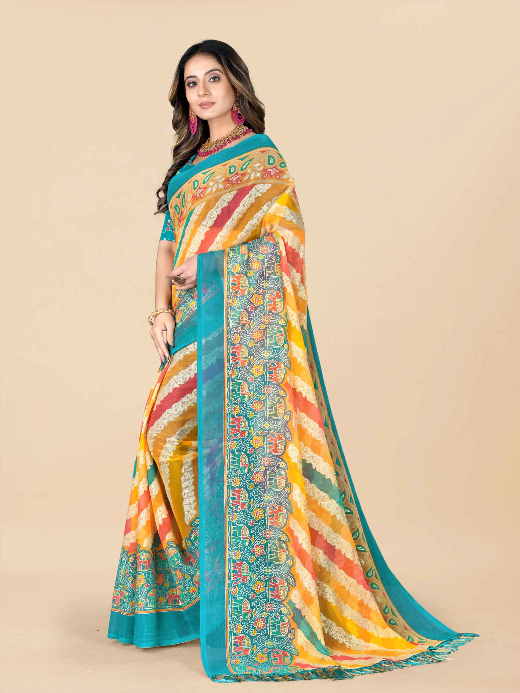 Women's Floral Printed Party Wear Green Chiffon Saree With Blouse